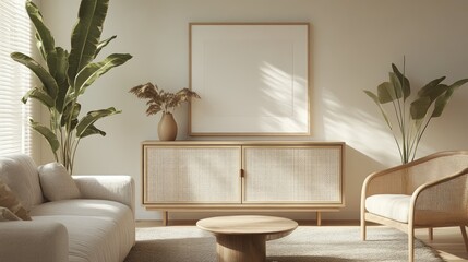 A modern living room featuring Scandinavian-Boho design, with a cabinet and a mock-up blank frame for personalization. The space blends simplicity with warm, earthy tones and artistic, bohemian 