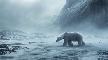 Naklejka premium full polar bear struggling through a blizzard in the Arctic, harsh, snowstorm covered landscape with icy terrain, diffused, overcast creating a bleak, cold atmosphere,