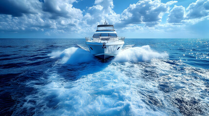 Luxury Yacht Sailing Through Calm Waters on a Sunny Day,  Blue Skies, White Clouds, Ocean Waves, Sea View, Summer Vibes