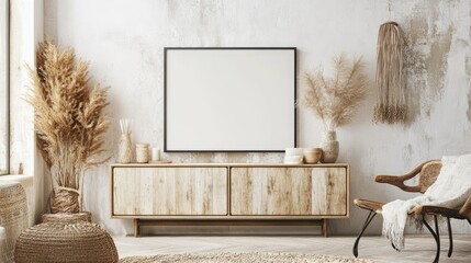 A Scandinavian-Boho inspired living room with a minimalist cabinet and a mock-up blank frame on the wall. The room is decorated with natural textures, soft colors, and cozy, eclectic accents.