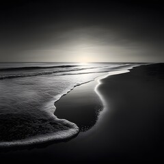 Black-and-white image of a deserted beach at dawn, with gentle waves and the interplay of light and...