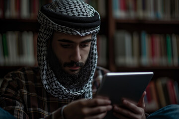 Young Man in Traditional Garb Using Tablet in Library Setting