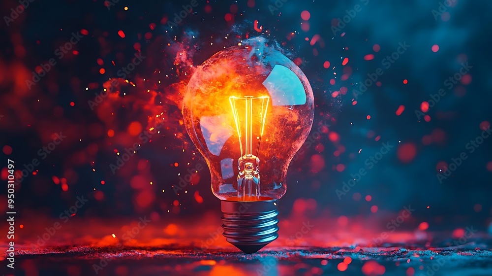 Poster 3d illustration of a lightbulb exploding with fire and sparkles