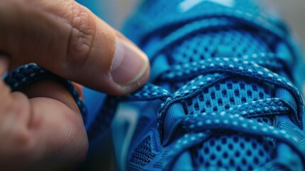 Fototapeta premium Close-up of a hand tying shoelaces on a blue running shoe