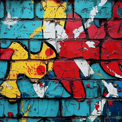 Abstract urban texture of cracked and peeling paint on a brick wall with splashes of yellow, red, white and blue.