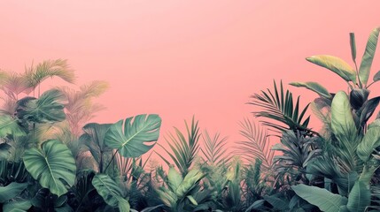 A serene and lush tropical landscape with palm trees, ferns, and a vibrant pink sky.