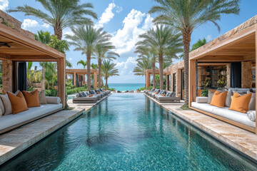 A long pool with a beach in the background