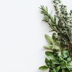 6. Minimalist composition of fresh herbs on a clean, white background, with a glimpse of a small garden in the background, evoking simplicity. [food + garden + simplicity]