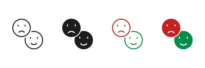 Happy Smile and Sad Face Line and Silhouette Icon Set. Negative and Positive Emoji Pictogram. Good and Unhappy Emoticon Symbol. Feedback Sign. Editable Stroke. Isolated Vector Illustration