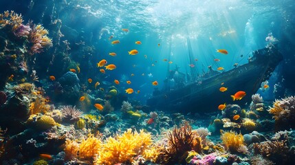 Vibrant underwater scene coral reefs sharp details schools of fish sunken ship