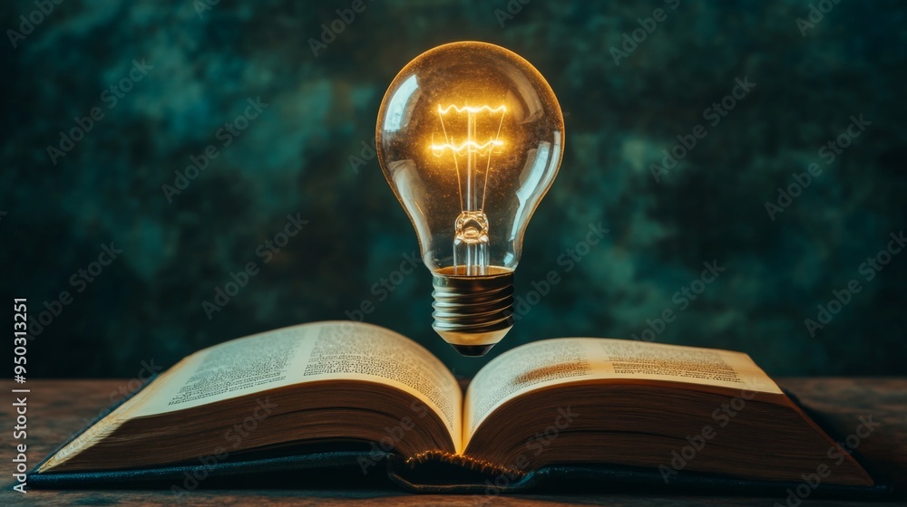 Fototapete A light bulb glowing brightly above an open book, symbolizing the concept of creativity and knowledge, with a dark background that emphasizes the light.
