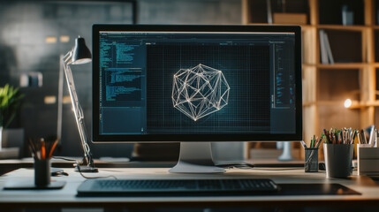 A computer monitor displays a complex network of lines and shapes