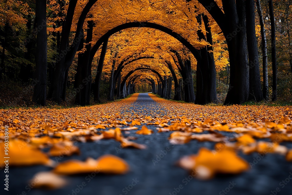 Poster autumn path lined with trees, captured in a photo where a path winds through a forest, with trees ar
