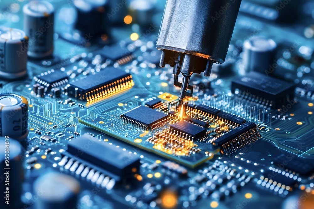 Poster robotic arm soldering microchip onto circuit board in factory