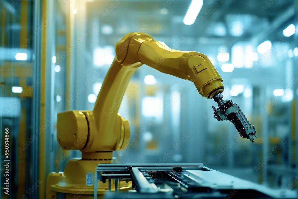 Poster yellow industrial robot working on assembly line in factory