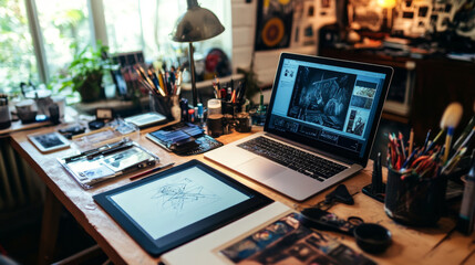 Creative workspace with a tablet, laptop, and drawing tools