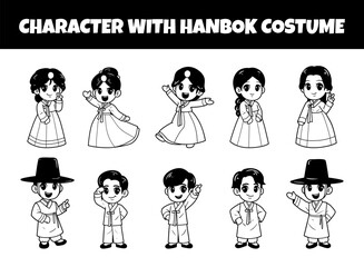 Character with hanbok costume outline vector illustration set