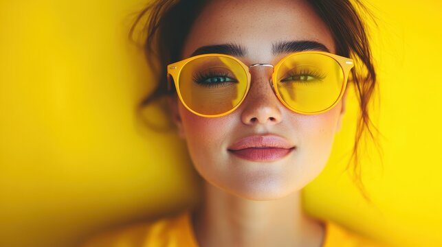 A close-up image of a woman wearing bright yellow glasses in front of a yellow background. Her expression exudes happiness and energy synonymous with vibrant colors.