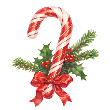 recommend clip art: Classic red and white striped candy cane adorned with holly leaves, red berries, and a festive ribbon, perfect for Christmas decor, isolated on white background