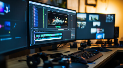 Naklejka premium Desktop with dual monitors displaying video editing software