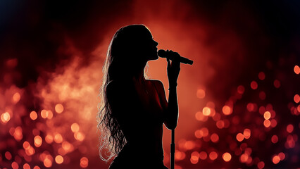Silhouette of a female singer holding a microphone, set against a vivid and colorful backdrop. For music, performance, or female singer concepts.