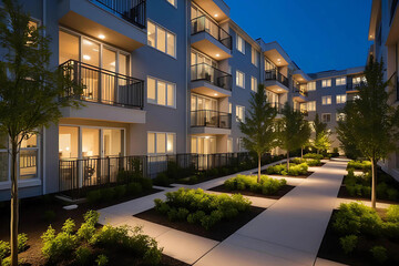 A serene twilight view of a well-lit apartment complex, with glowing windows and balconies, modern pathways, and softly illuminated trees