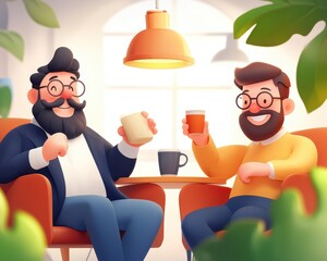 Two cheerful men with beards enjoying coffee together in a cozy, well-lit café, surrounded by greenery and warm decor.