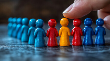 businessperson's hand selects a red human figure among many gray figures, symbolizing leadership, recruitment, talent acquisition, individuality, and making strategic decisions in business