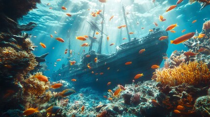 Fototapeta premium Coral reefs underwater vibrant scene sunken ship schools of fish sharp details