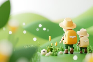 Two cartoon figures wearing hats and backpacks, hiking through lush green hills. Scenic and tranquil outdoor adventure.