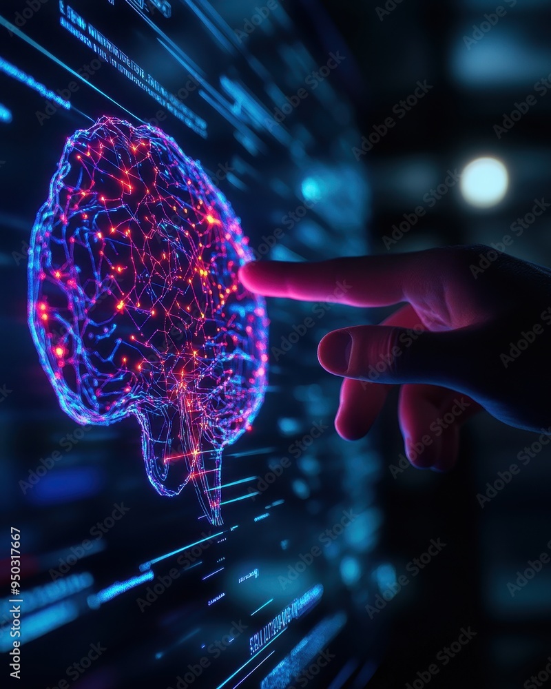 Aufkleber person interacting with a digital brain hologram on a futuristic interface, highlighting artificial 