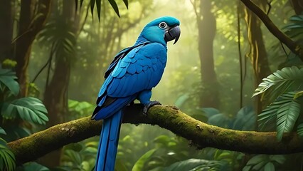 Obraz premium Extinct Spix's Macaw perched on a branch in a lush, tropical rainforest
