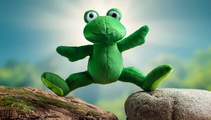 A plush frog jumping on the rock in nature