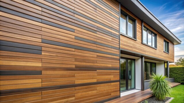 Wood texture composite cladding installation on house facade, WPC exterior wall siding panels, wood, texture, composite