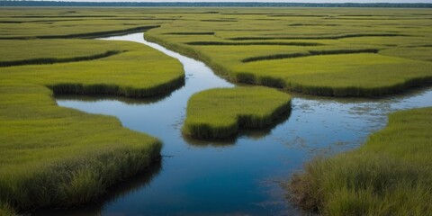 Blue river channels crisscrossing expansive green marsh.