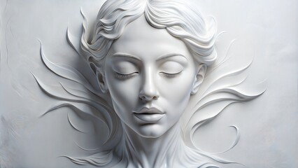 Elegant White Modern Sculpture of a Serene Female Head with Flowing Hair
