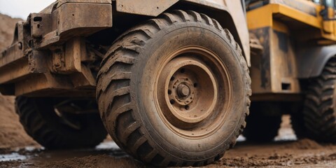 Close up of large muddy wheel of construction site vehicle.