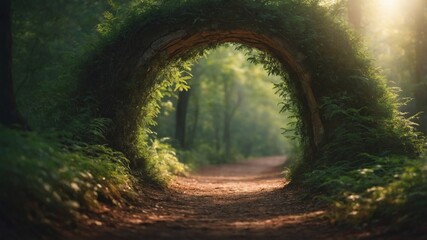 Obraz premium Natural archway formed by green branches in a panoramic forest scene.