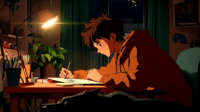 Anime boy studying late at night with warm lighting in a cozy room. Seamless looping 4k time-lapse video background