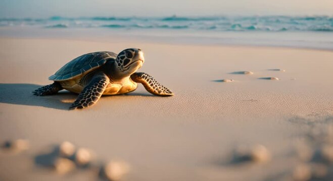 Sea turtle on a beautiful beach with sea 4k animation