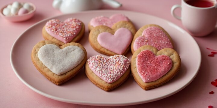 Top view of heart shaped Valentine's day cookies on pink plate.