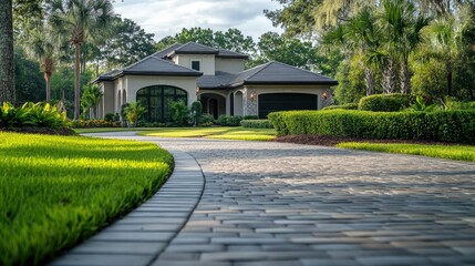 Fototapeta premium A beautifully paved driveway in front of a luxury home, with clean lines and meticulous design
