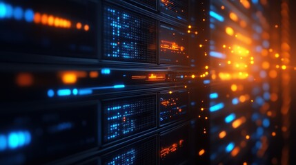 Naklejka premium Data center server room with glowing blue and orange lights, representing modern technology and information storage.