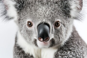 Fototapeta premium A close up, high resolution image of a koala with a calm expression, set against a clean, bright white background. The even lighting highlights the koalas soft, fluffy fur and