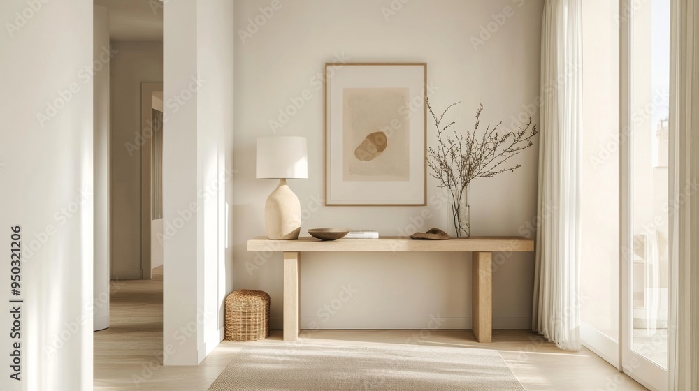 Poster a minimalist hallway with clean lines, a simple console table, and a few well-chosen pieces of art, 