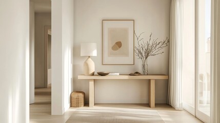 A minimalist hallway with clean lines, a simple console table, and a few well-chosen pieces of art, creating a serene and welcoming entryway.