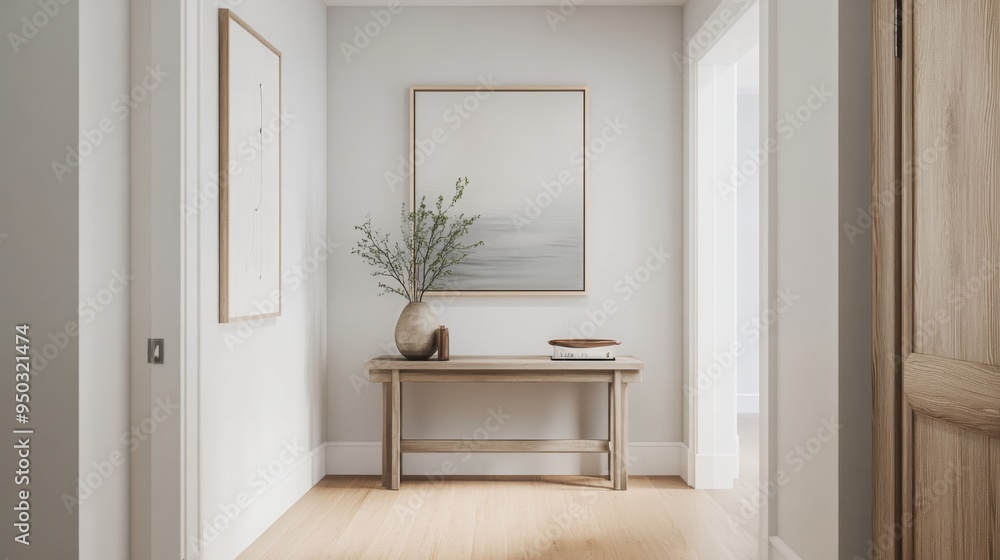 Poster a minimalist hallway with clean lines, a simple console table, and a few well-chosen pieces of art, 