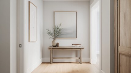 A minimalist hallway with clean lines, a simple console table, and a few well-chosen pieces of art, creating a serene and welcoming entryway.