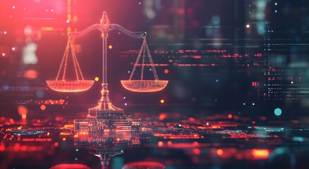 The digital scale of judgment is floating. Symbolizing the interplay between law and technology, representing advanced computer science and information management, the importance of compliance