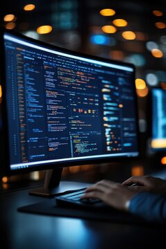Close-up of hands typing on a keyboard, with a monitor displaying code, representing programming and software development.